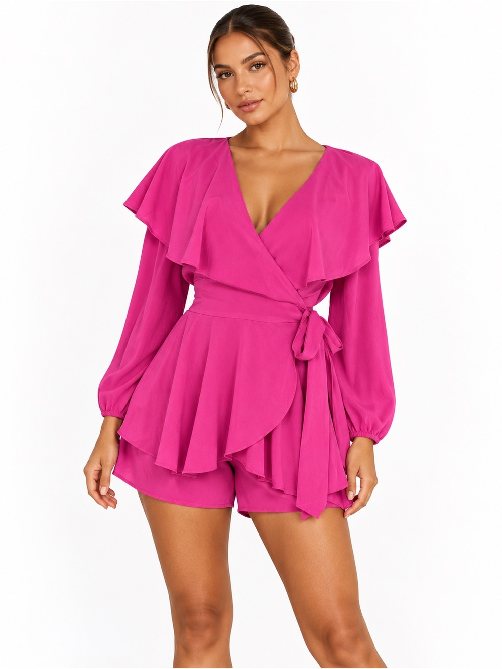 VACATION RESORTWEAR Women’s Fuchsia Wrap Romper with Ruffle Collar